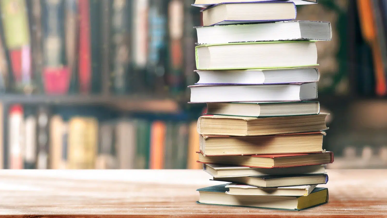 stack of books in library