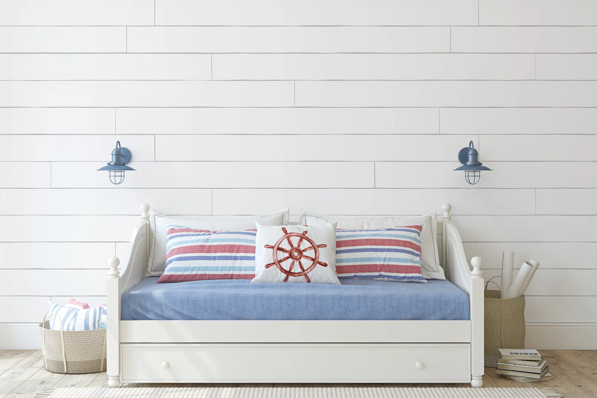 Kids room in coastal style. Daybed near shiplap wall. 