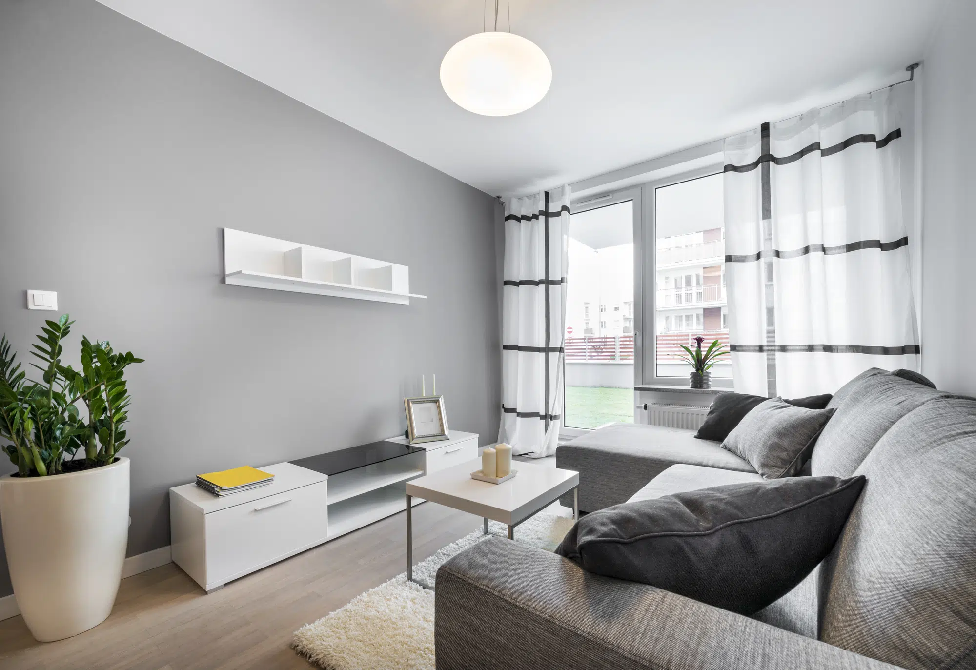 Modern interior design living room with gray walls