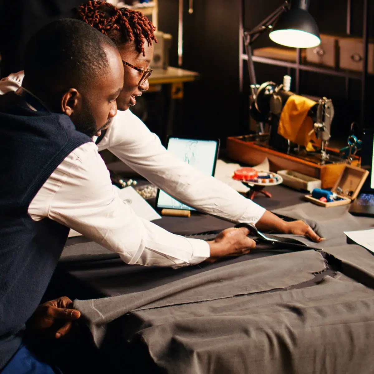 people cutting fabric