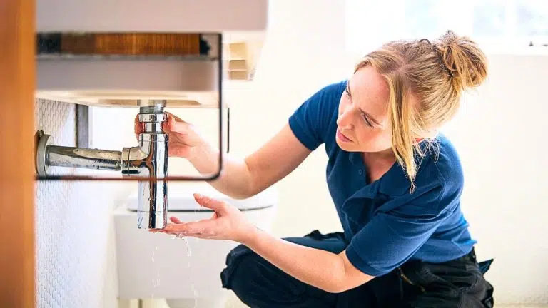 woman fixing sink pipe