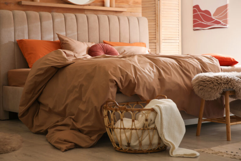 beautiful bedroom with soft tones basket headboard