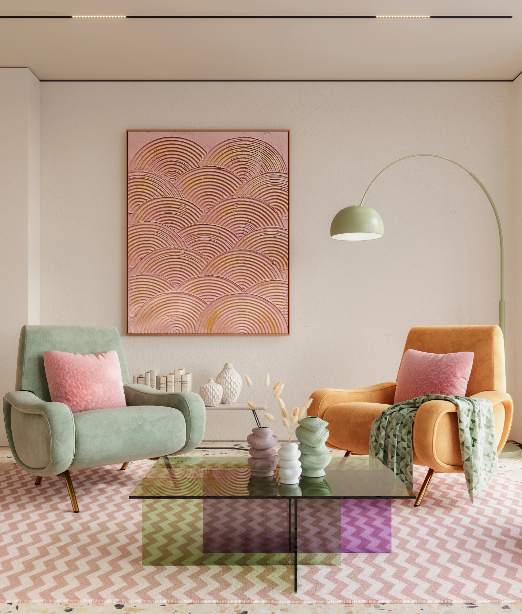 colorful living room chairs wall art