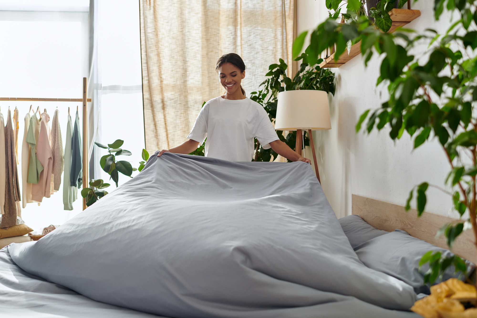 woman making the bed