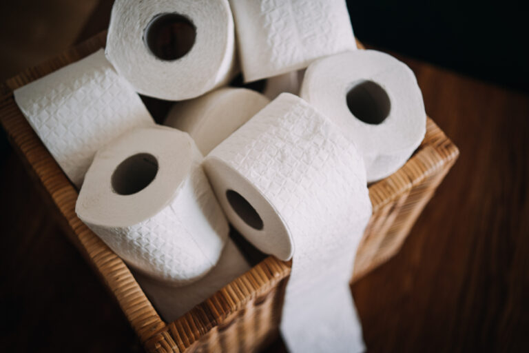 several toilet paper rolls in a box in plastic free store. Sustainable personal hygiene items, toiletries products in zero waste shop. Minimalist lifestyle