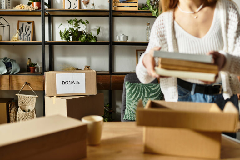 woman decluttering boxes and clothes bookshelf in back