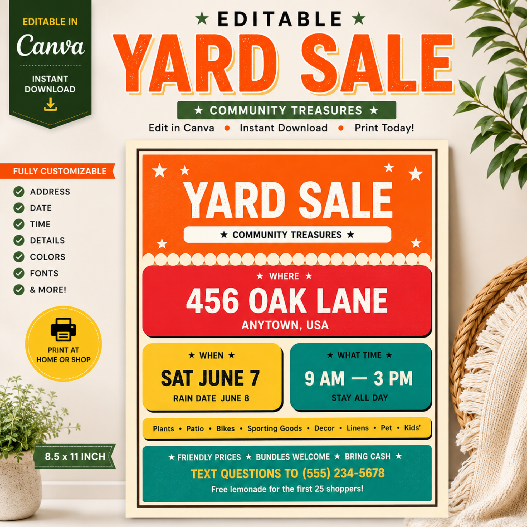 Bright editable yard sale flyer template with retro colors
