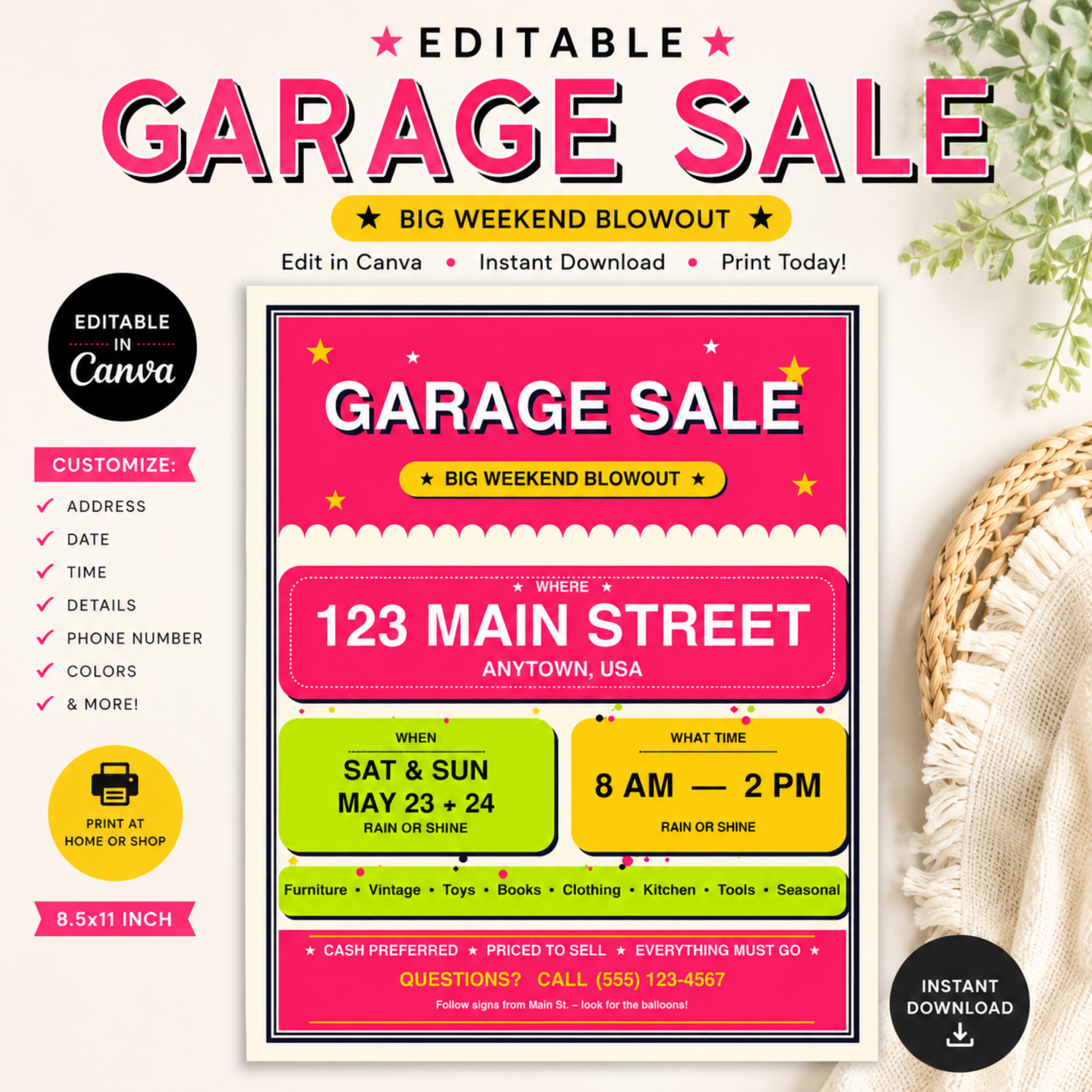 Bright editable garage sale flyer template with bold pink colors and printable Canva design for weekend sales and community events.