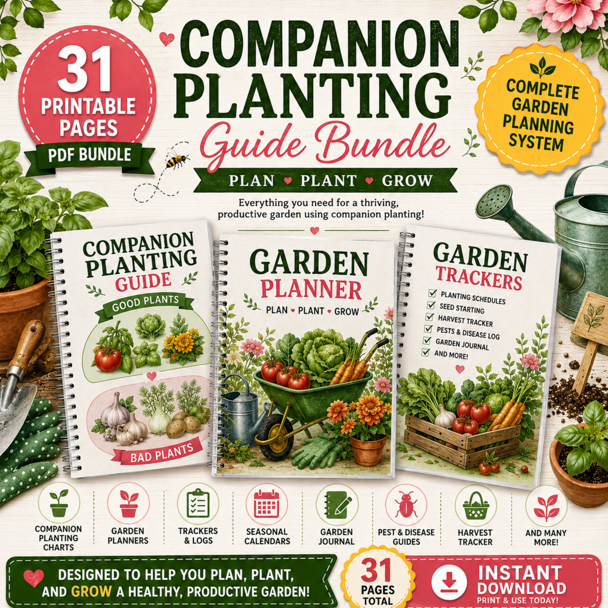 Companion planting guide bundle printable PDF with 31 pages including garden planner