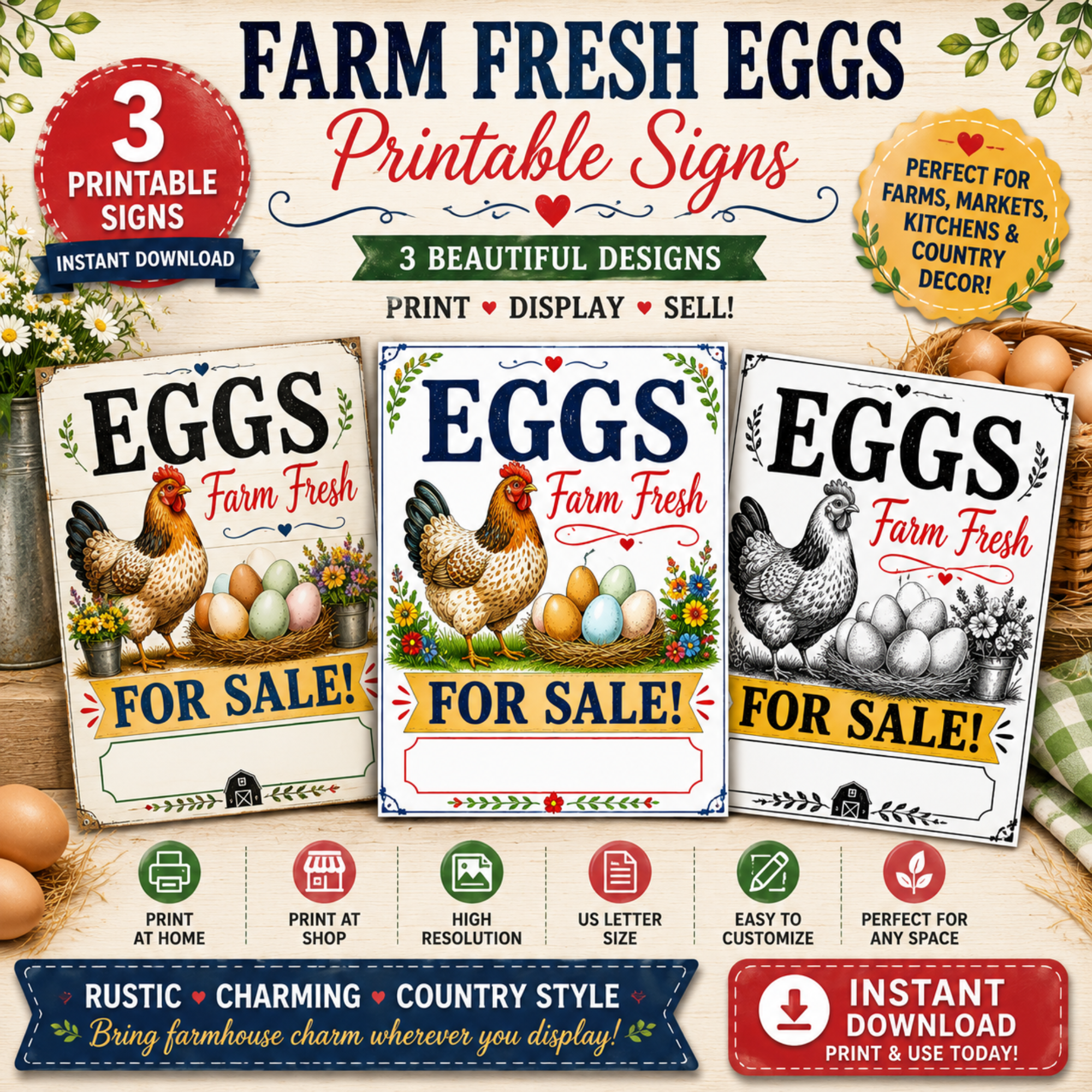 Farm Fresh Eggs printable sign bundle featuring three rustic farmhouse sign designs for egg stands